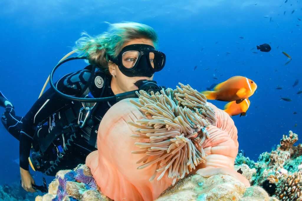 a woman scuba diver diving near corals