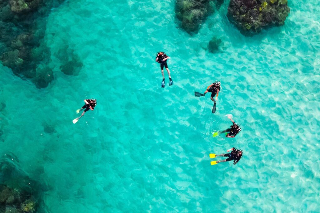 birds eye view of scuba divers in blue water