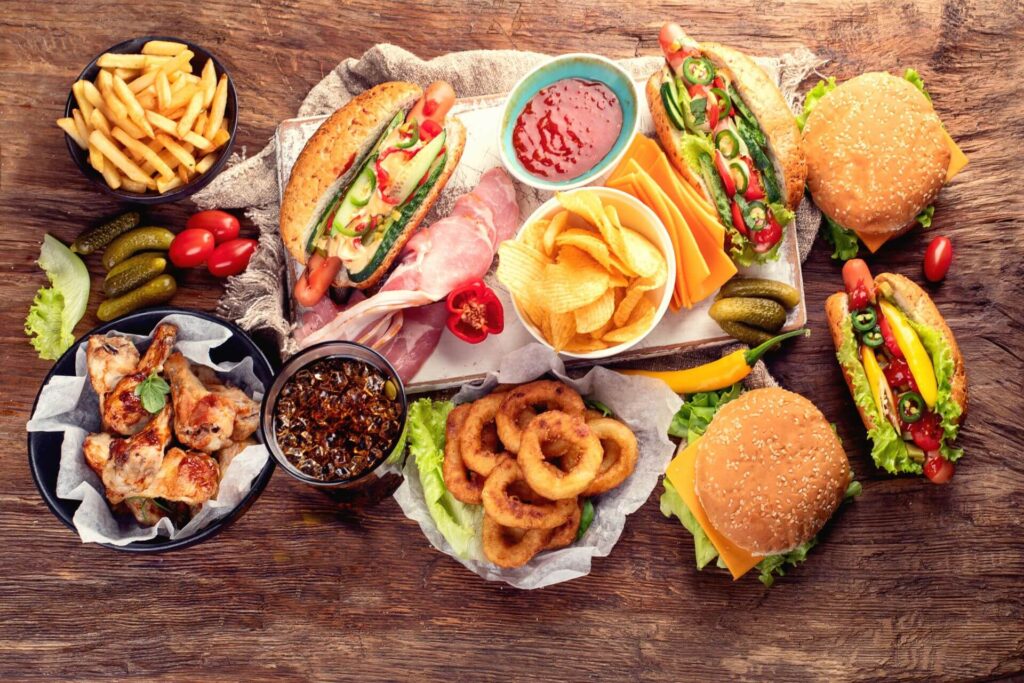 top view of a variety of fast food